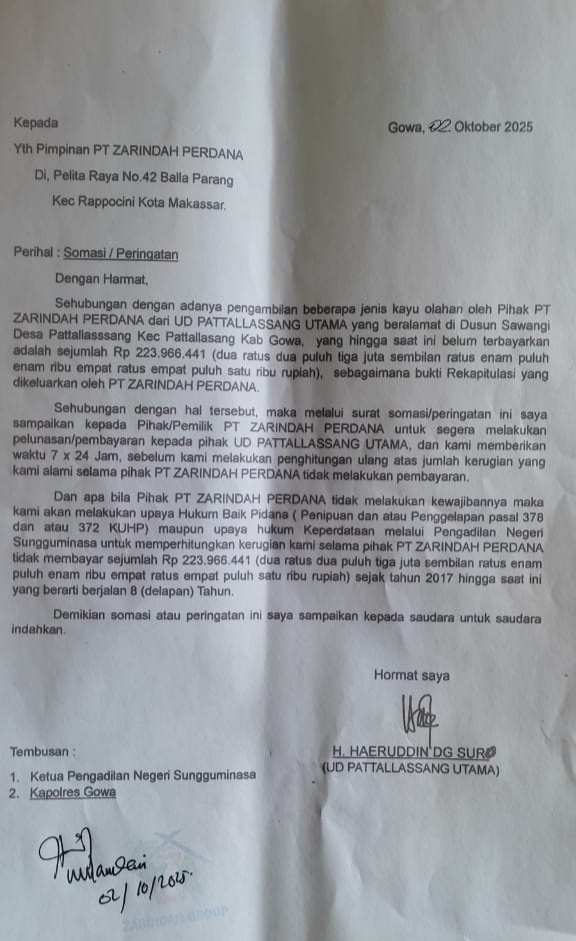 Surat somasi UD Pattallassang utama